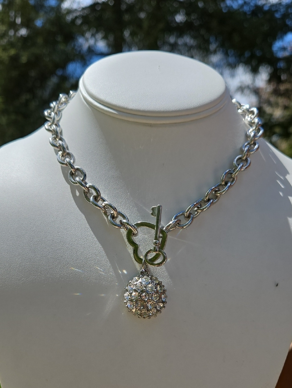 Guess Silver-Tone Crystal Ball Heart Key Toggle Necklace - Women Jewelry - Picture 2 of 16
